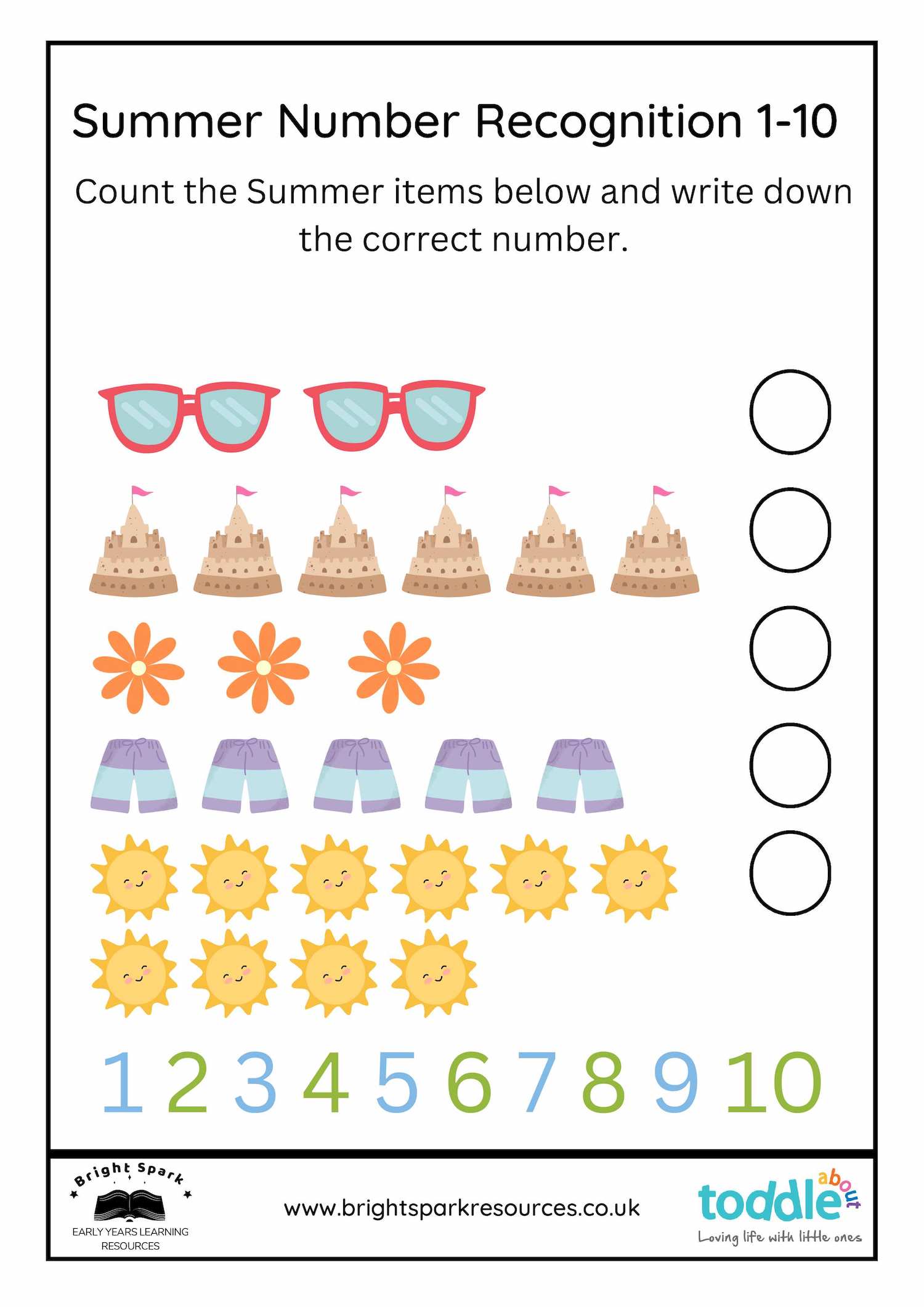 Summer Number Recognition 1-10 Activity Sheet  image